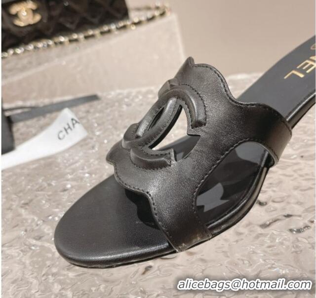 Top Grade Chanel Wave CC Calfskin Heel Slide Sandals 5.5cm Black 525012