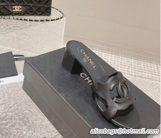 Top Grade Chanel Wave CC Calfskin Heel Slide Sandals 5.5cm Black 525012