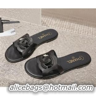 Stylish Chanel Wave CC Calfskin Flat Slide Sandals Black 525013