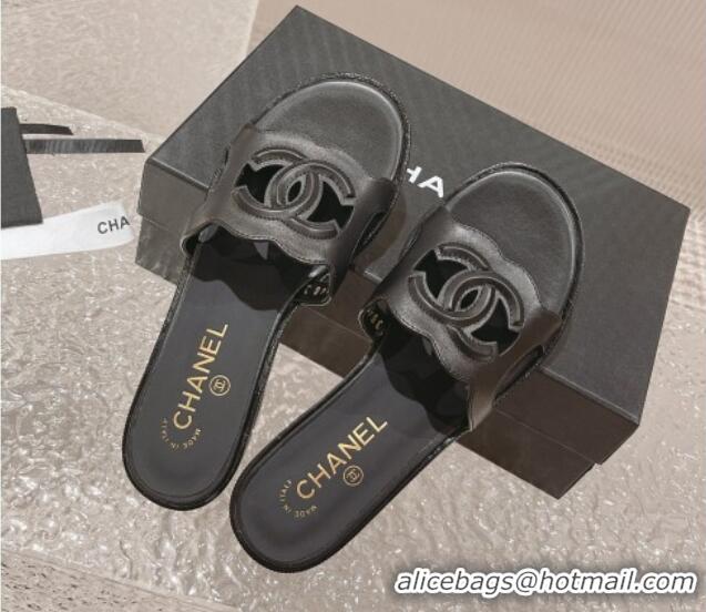 Stylish Chanel Wave CC Calfskin Flat Slide Sandals Black 525013