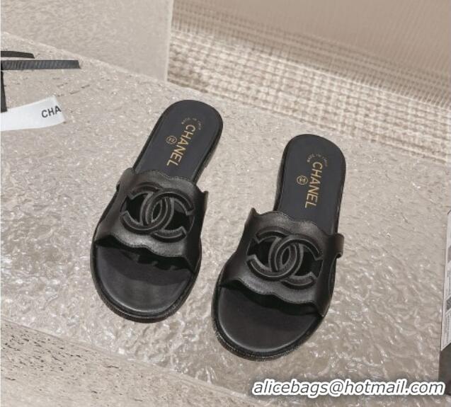 Stylish Chanel Wave CC Calfskin Flat Slide Sandals Black 525013