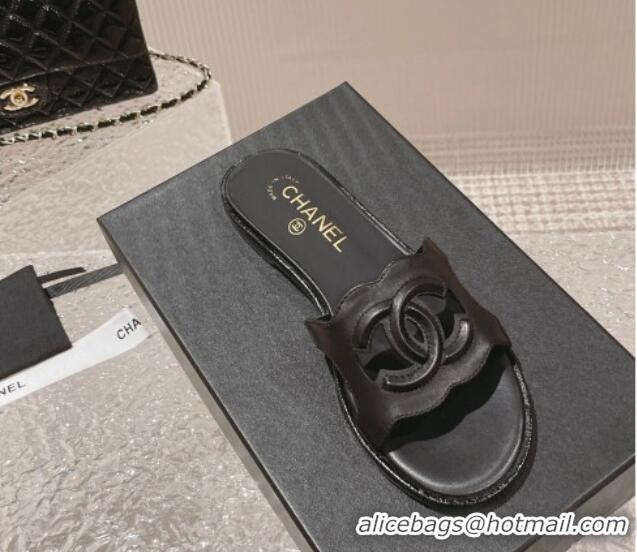 Stylish Chanel Wave CC Calfskin Flat Slide Sandals Black 525013