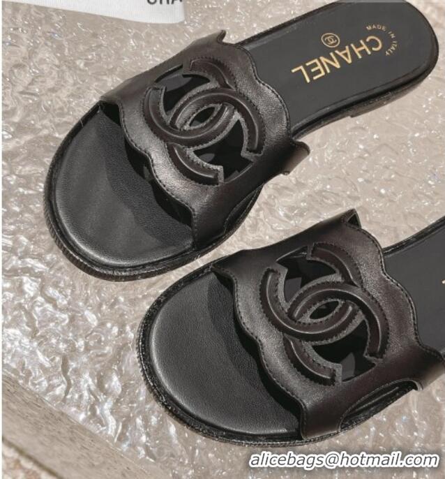 Stylish Chanel Wave CC Calfskin Flat Slide Sandals Black 525013