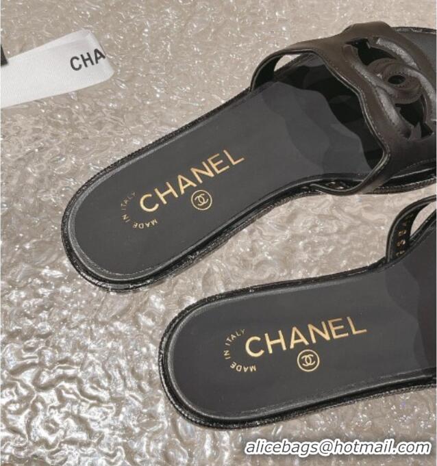 Stylish Chanel Wave CC Calfskin Flat Slide Sandals Black 525013