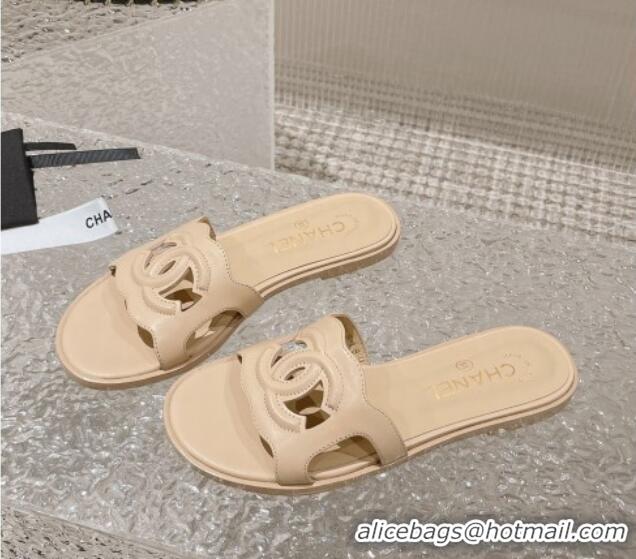 Duplicate Chanel Wave CC Calfskin Flat Slide Sandals Nude 525014