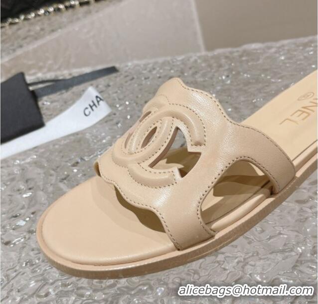 Duplicate Chanel Wave CC Calfskin Flat Slide Sandals Nude 525014