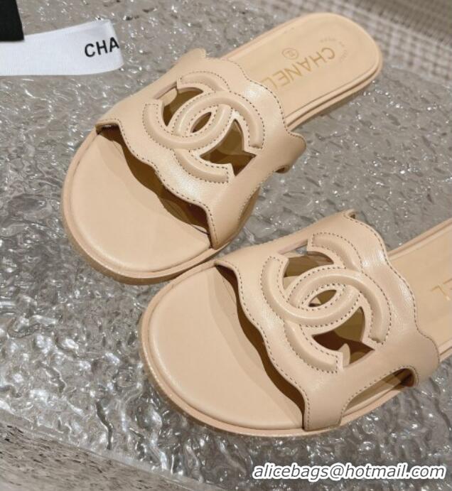 Duplicate Chanel Wave CC Calfskin Flat Slide Sandals Nude 525014