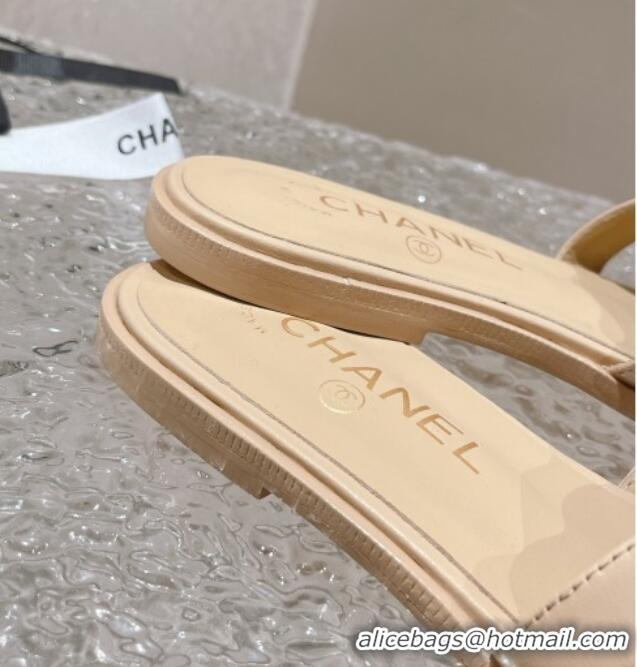 Duplicate Chanel Wave CC Calfskin Flat Slide Sandals Nude 525014