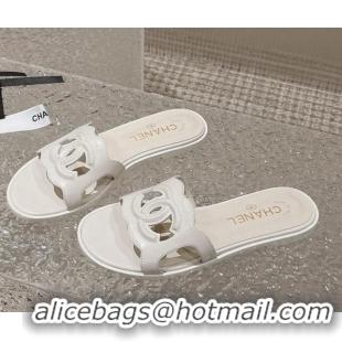 Grade Quality Chanel Wave CC Calfskin Flat Slide Sandals White 525015