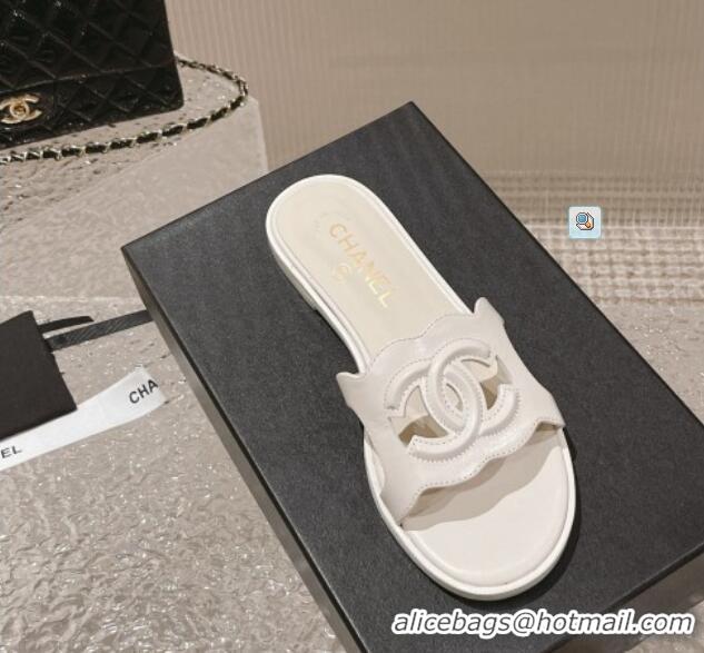 Grade Quality Chanel Wave CC Calfskin Flat Slide Sandals White 525015