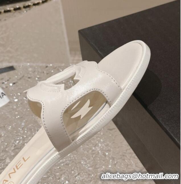 Grade Quality Chanel Wave CC Calfskin Flat Slide Sandals White 525015