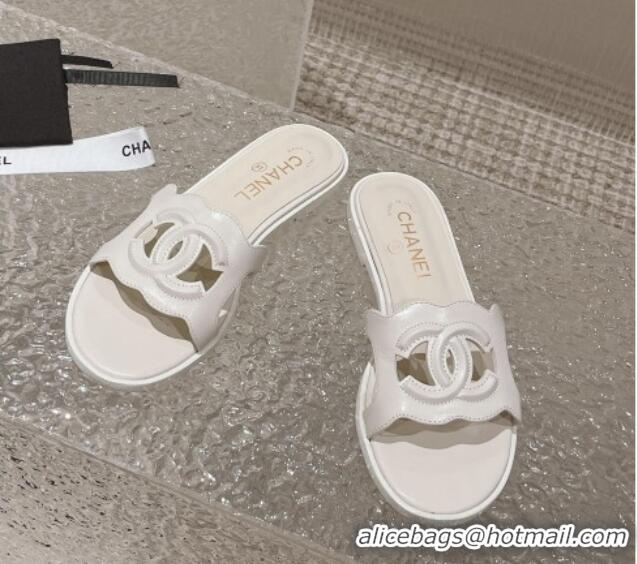 Grade Quality Chanel Wave CC Calfskin Flat Slide Sandals White 525015