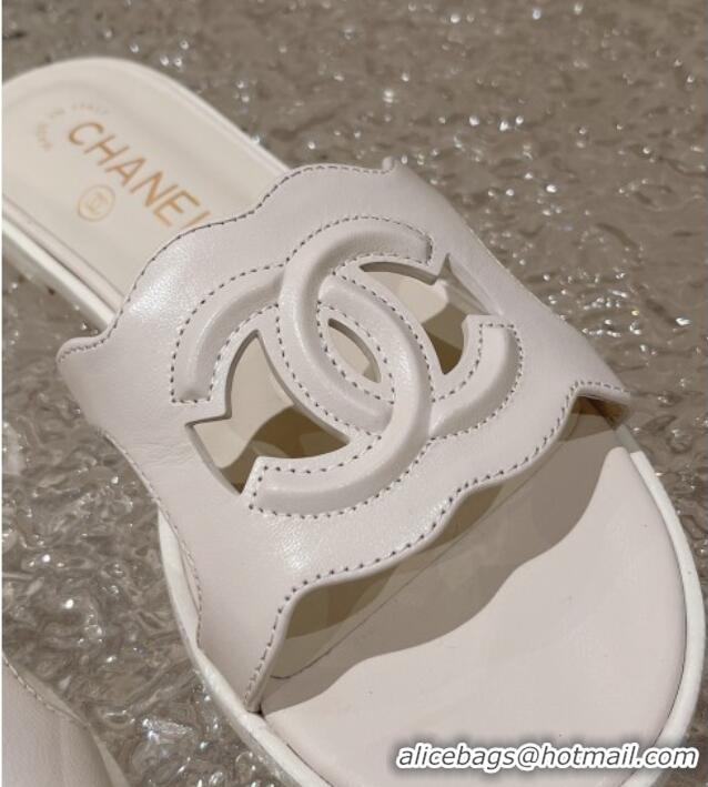 Grade Quality Chanel Wave CC Calfskin Flat Slide Sandals White 525015