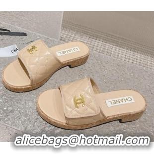 Sumptuous Chanel Quilted Leather Foldover Slide Sandals Beige 525016