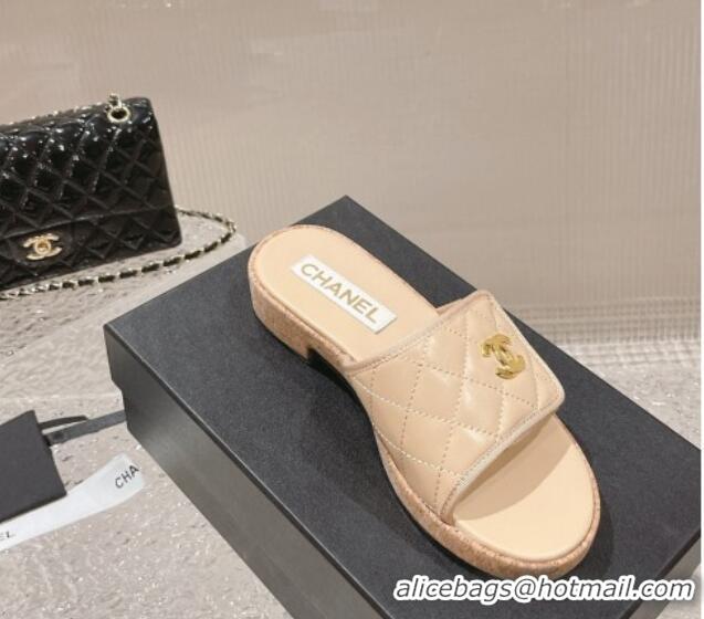 Sumptuous Chanel Quilted Leather Foldover Slide Sandals Beige 525016