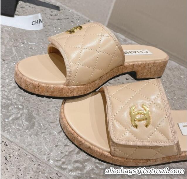 Sumptuous Chanel Quilted Leather Foldover Slide Sandals Beige 525016