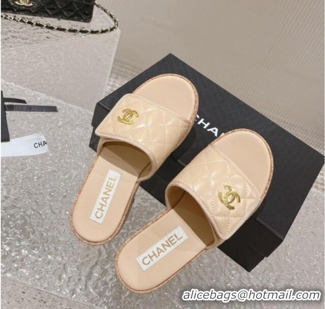 Sumptuous Chanel Quilted Leather Foldover Slide Sandals Beige 525016