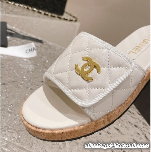 Perfect Chanel Quilted Leather Foldover Slide Sandals White 525017