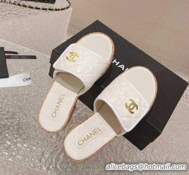 Perfect Chanel Quilted Leather Foldover Slide Sandals White 525017