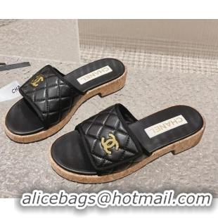 Best Grade Chanel Quilted Leather Foldover Slide Sandals Black 525018