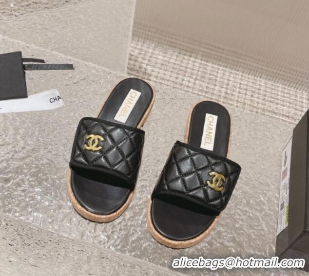 Best Grade Chanel Quilted Leather Foldover Slide Sandals Black 525018