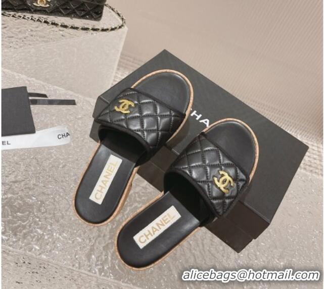 Best Grade Chanel Quilted Leather Foldover Slide Sandals Black 525018