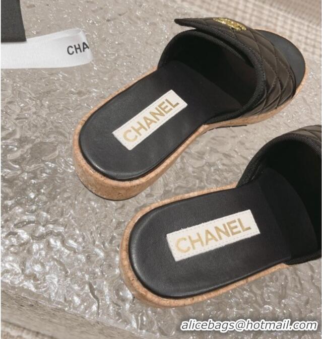 Best Grade Chanel Quilted Leather Foldover Slide Sandals Black 525018