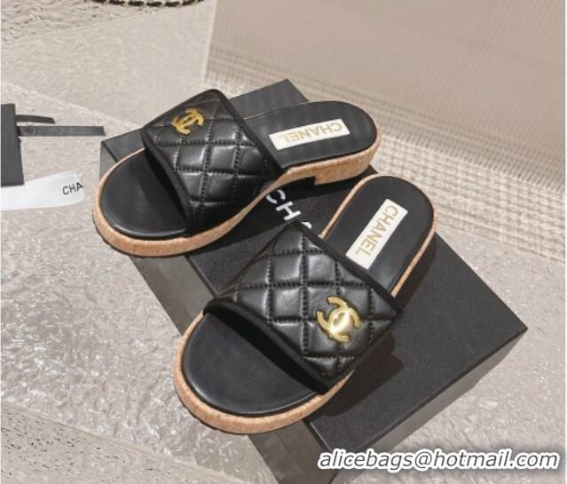 Best Grade Chanel Quilted Leather Foldover Slide Sandals Black 525018