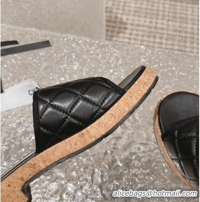 Best Grade Chanel Quilted Leather Foldover Slide Sandals Black 525018