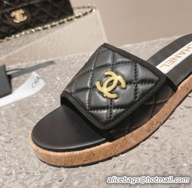 Best Grade Chanel Quilted Leather Foldover Slide Sandals Black 525018