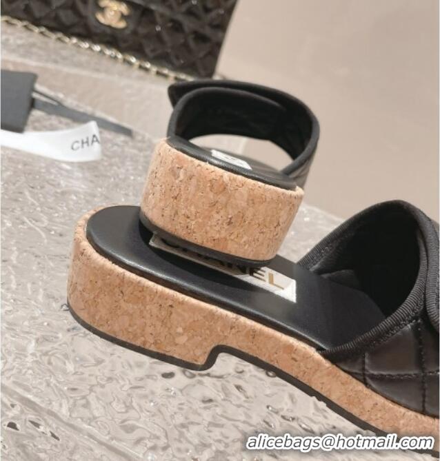 Best Grade Chanel Quilted Leather Foldover Slide Sandals Black 525018