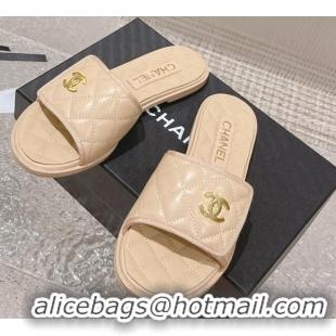 Good Looking Chanel Quilted Leather Foldover Flat Slide Sandals Beige 525020