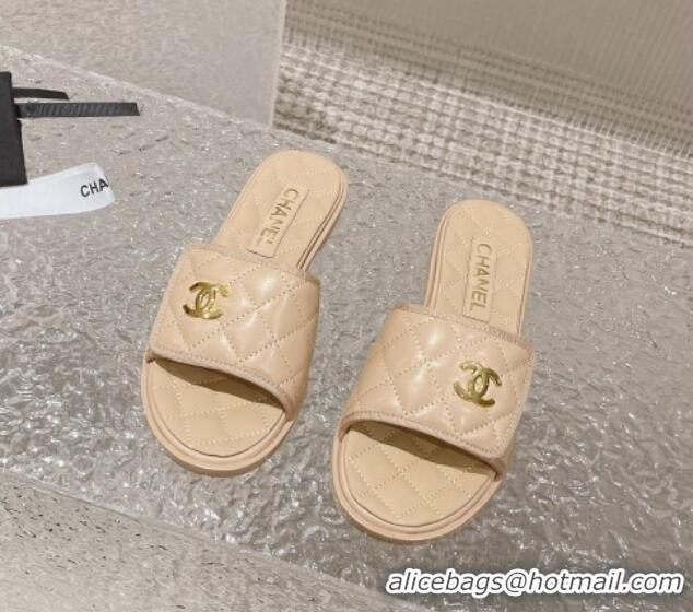 Good Looking Chanel Quilted Leather Foldover Flat Slide Sandals Beige 525020