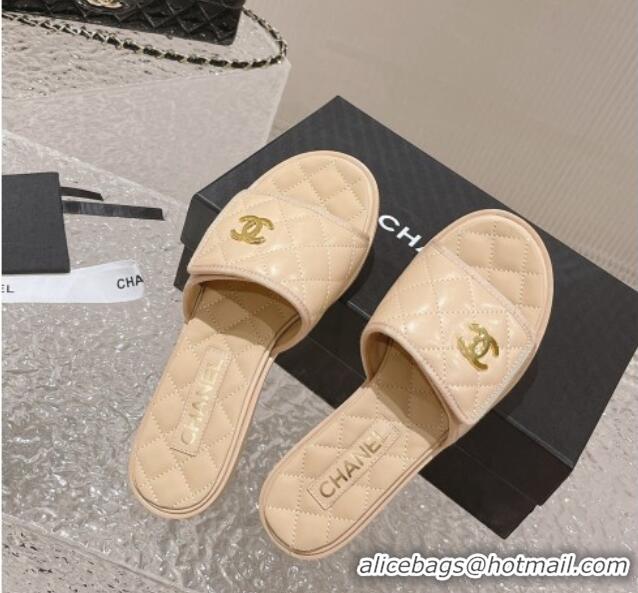 Good Looking Chanel Quilted Leather Foldover Flat Slide Sandals Beige 525020