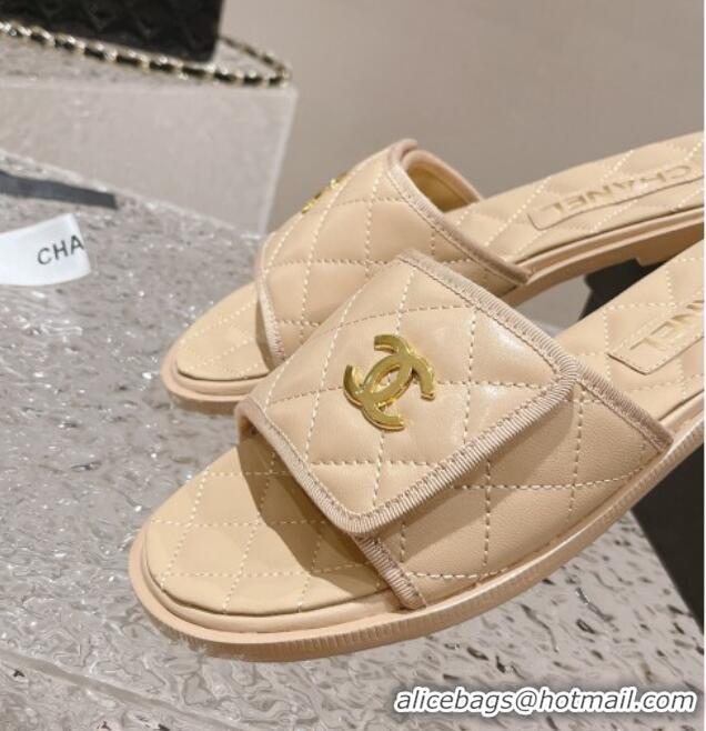 Good Looking Chanel Quilted Leather Foldover Flat Slide Sandals Beige 525020