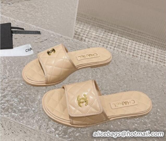 Good Looking Chanel Quilted Leather Foldover Flat Slide Sandals Beige 525020