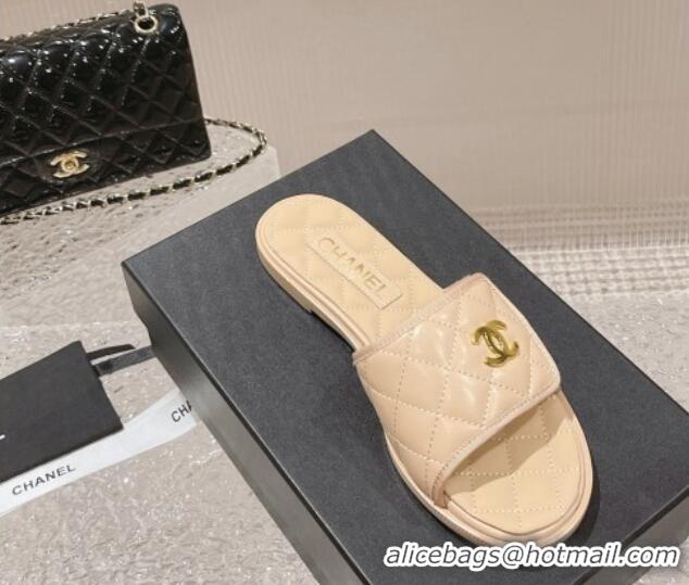 Good Looking Chanel Quilted Leather Foldover Flat Slide Sandals Beige 525020