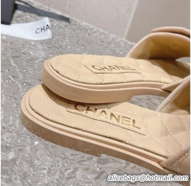 Good Looking Chanel Quilted Leather Foldover Flat Slide Sandals Beige 525020