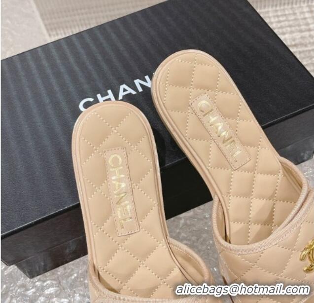 Good Looking Chanel Quilted Leather Foldover Flat Slide Sandals Beige 525020