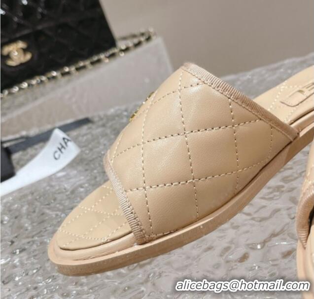 Good Looking Chanel Quilted Leather Foldover Flat Slide Sandals Beige 525020