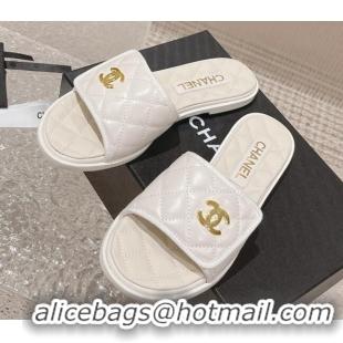 Hot Style Chanel Quilted Leather Foldover Flat Slide Sandals White 525021