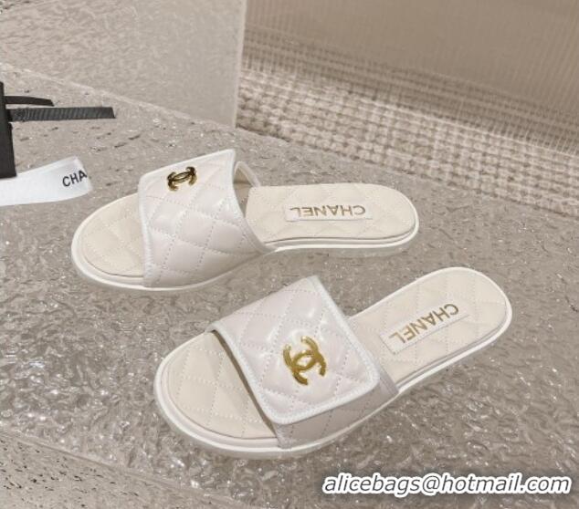 Hot Style Chanel Quilted Leather Foldover Flat Slide Sandals White 525021