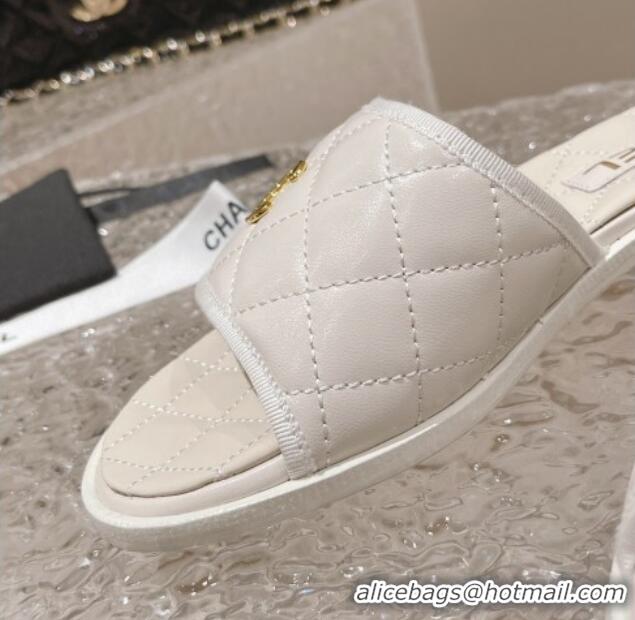 Hot Style Chanel Quilted Leather Foldover Flat Slide Sandals White 525021