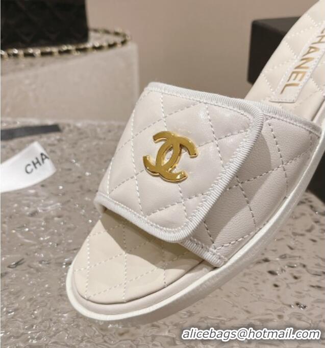 Hot Style Chanel Quilted Leather Foldover Flat Slide Sandals White 525021