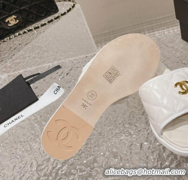 Hot Style Chanel Quilted Leather Foldover Flat Slide Sandals White 525021