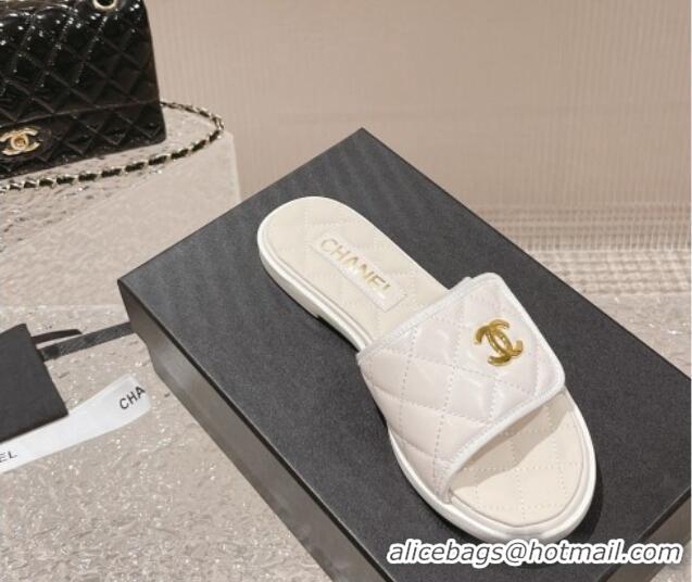 Hot Style Chanel Quilted Leather Foldover Flat Slide Sandals White 525021