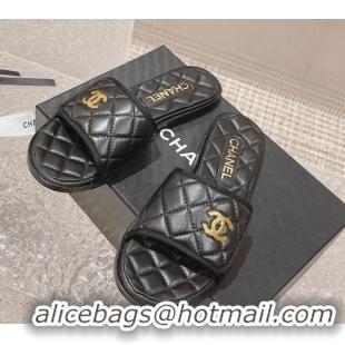 Unique Style Chanel Quilted Leather Foldover Flat Slide Sandals Black 525023