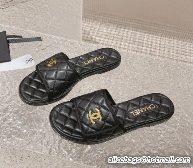 Unique Style Chanel Quilted Leather Foldover Flat Slide Sandals Black 525023