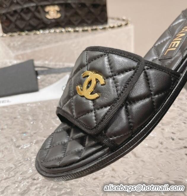 Unique Style Chanel Quilted Leather Foldover Flat Slide Sandals Black 525023