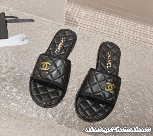 Unique Style Chanel Quilted Leather Foldover Flat Slide Sandals Black 525023